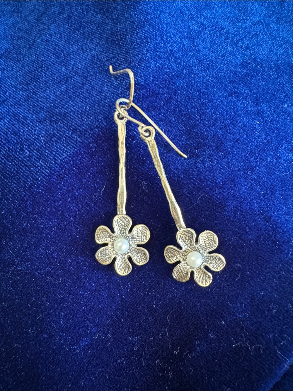Silver Flower Drop Earrings with Pearl Center